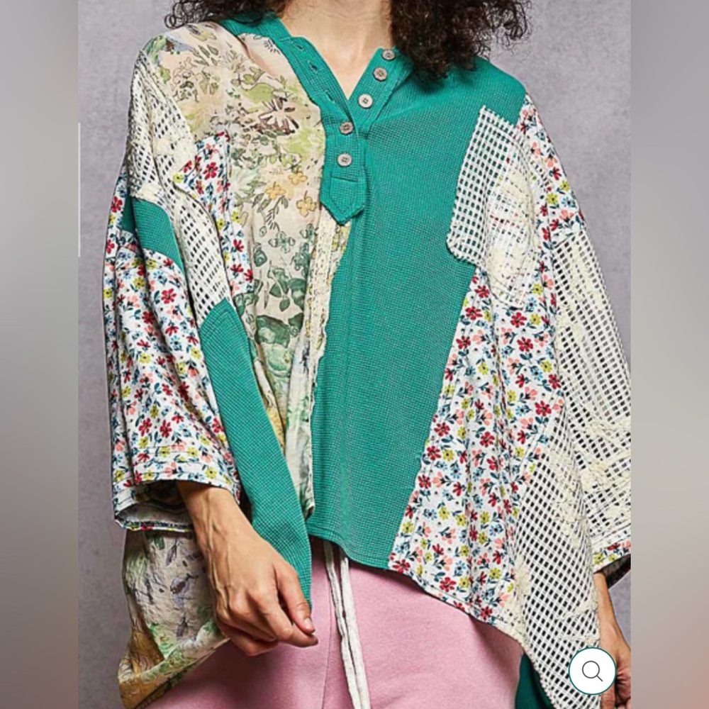 POL  NEW Cotton Blend 3/4 Sleeve Hooded Top LG Floral Lace Patchwork